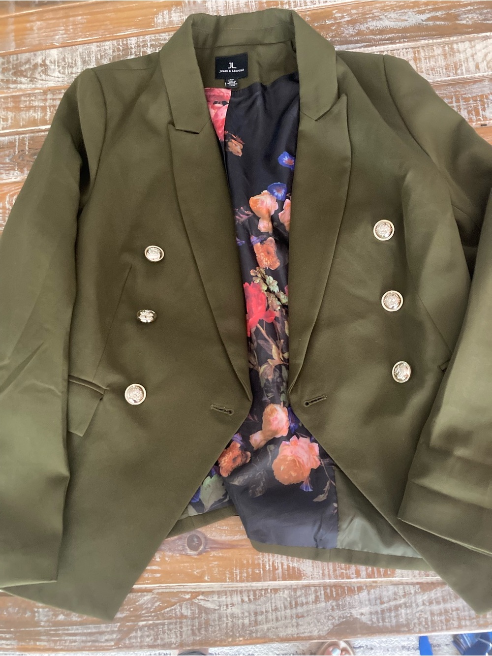 Jules & Leopold Olive Green Double-Breasted Blazer with Gold Buttons
